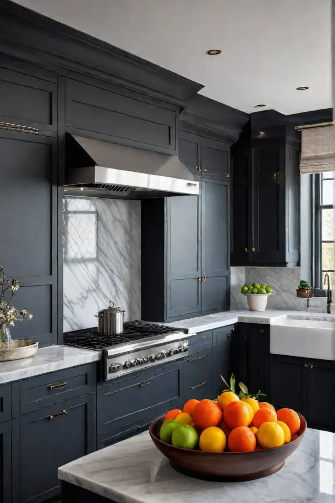 Elegant marble kitchen countertops, dark cabinets