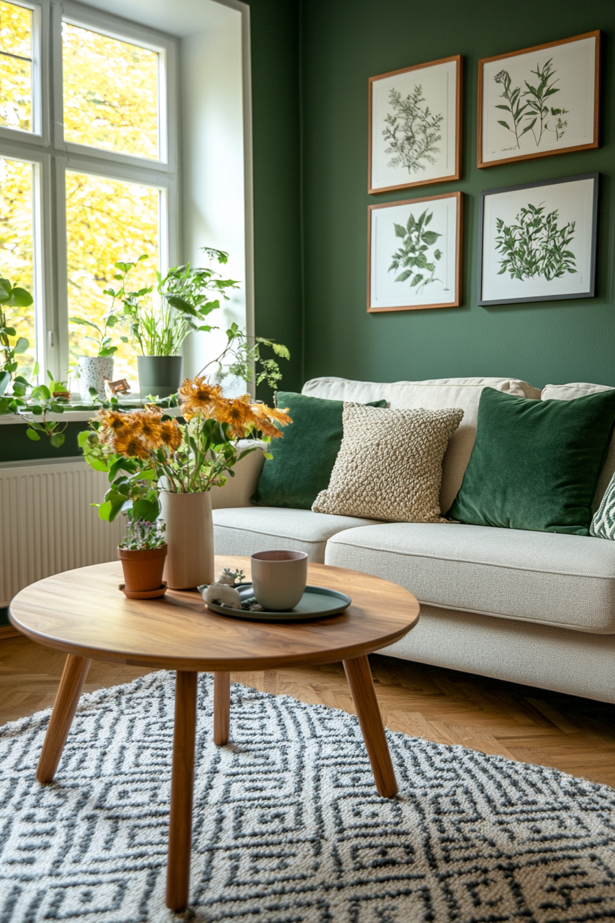 Balanced living room with soft green walls