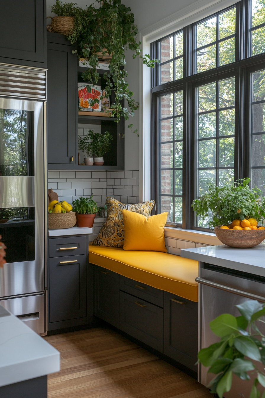 Bright home office with yellow accent wall