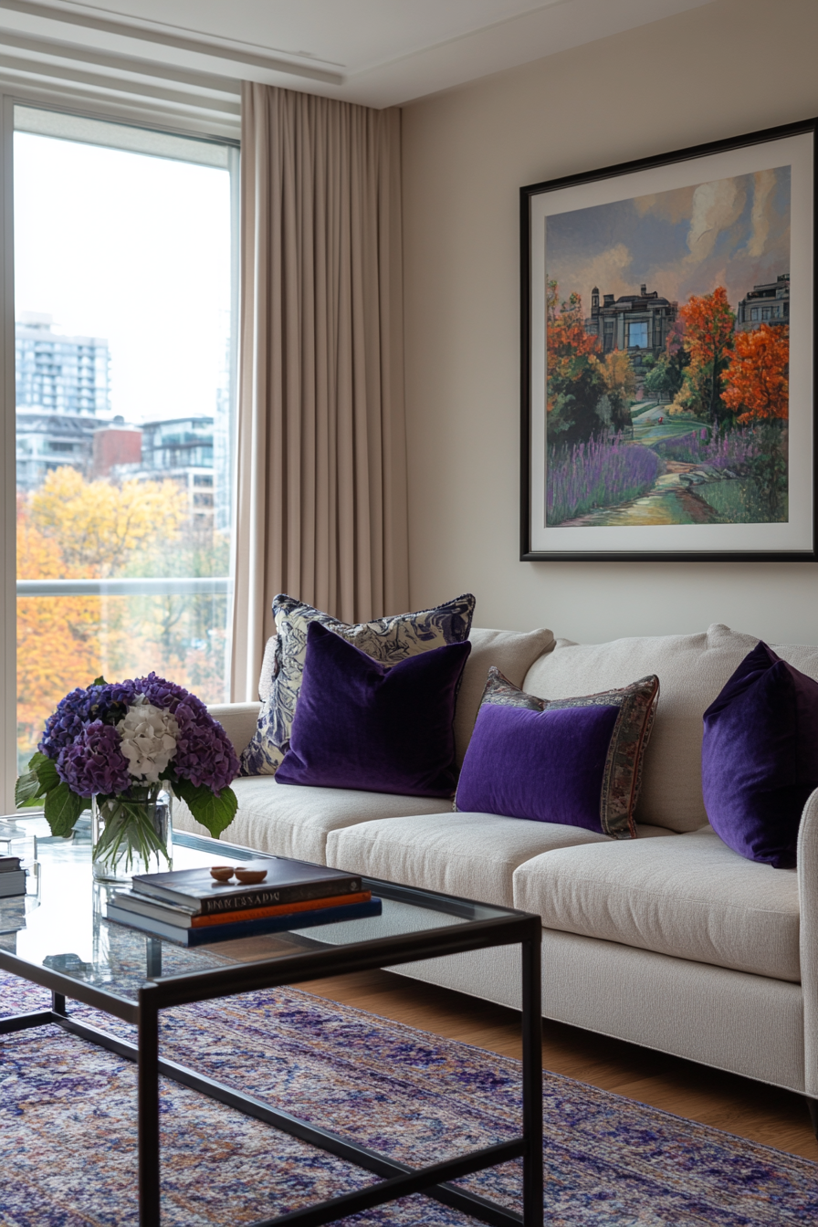 Luxurious bedroom with deep purple walls