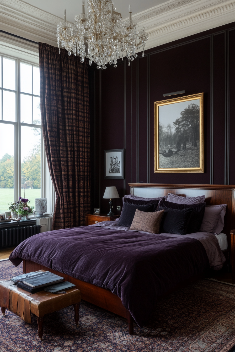 Luxurious bedroom with deep purple walls