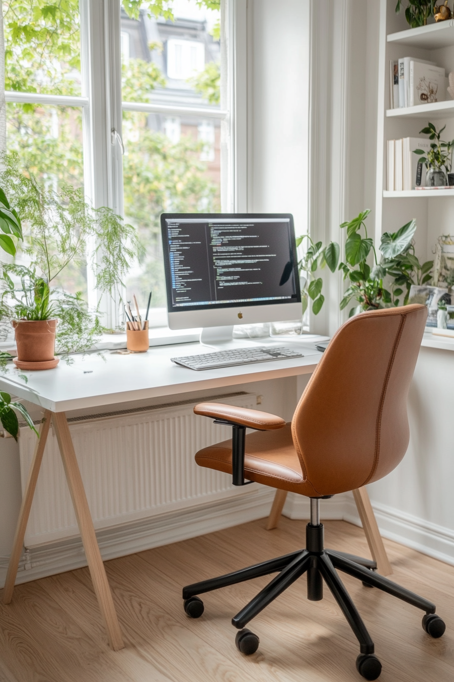 Minimalist home office with white walls and furniture