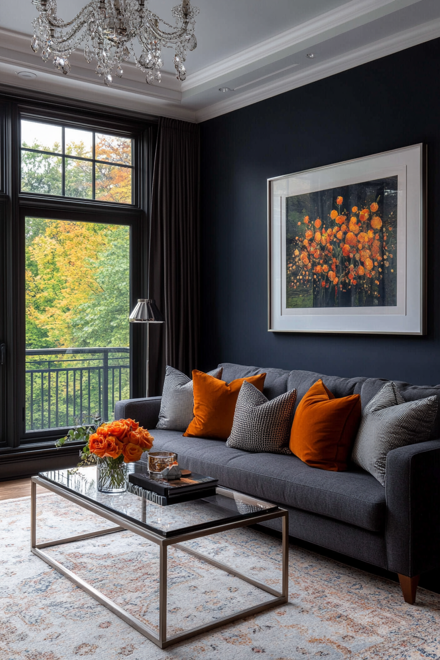 Sophisticated living room with gray walls