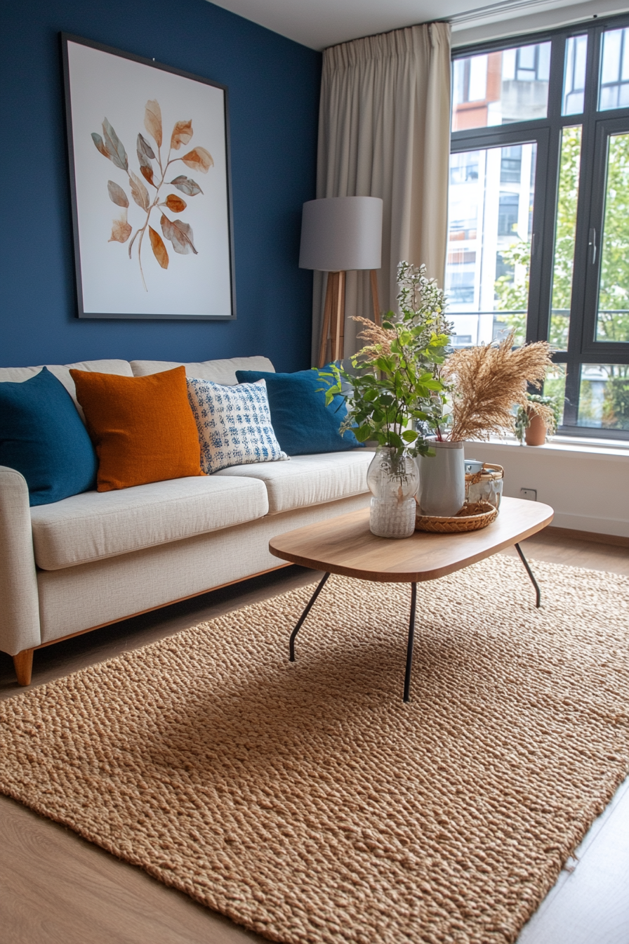 Cheerful living room with turquoise walls