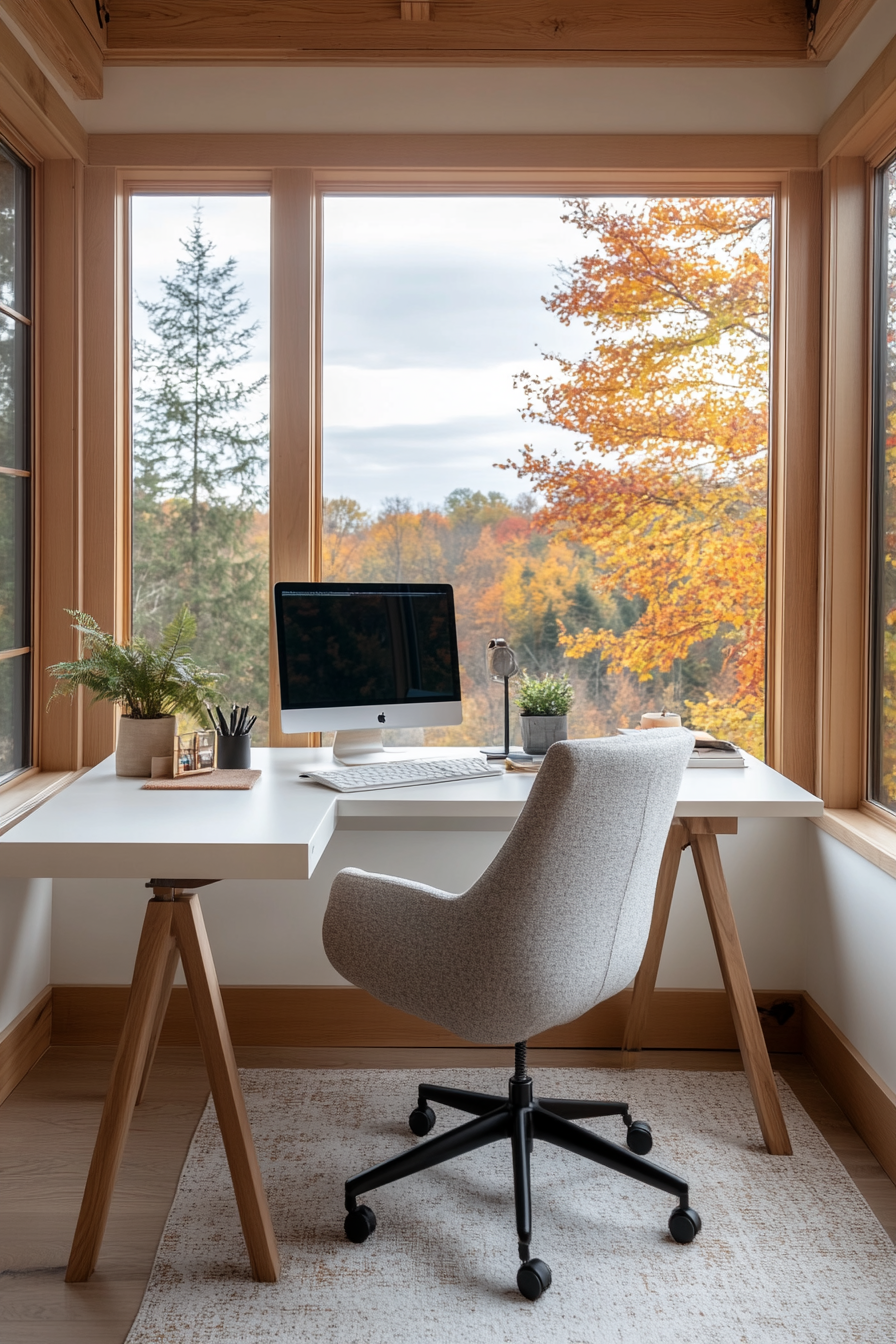 Minimalist home office with white walls and furniture