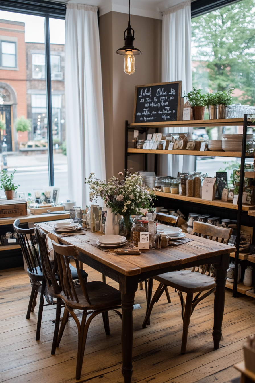 Rustic breakfast nook with weathered furniture