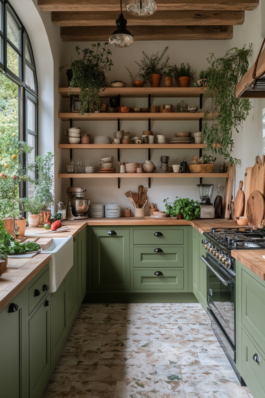 Green cabinets paired with butcher block countertops