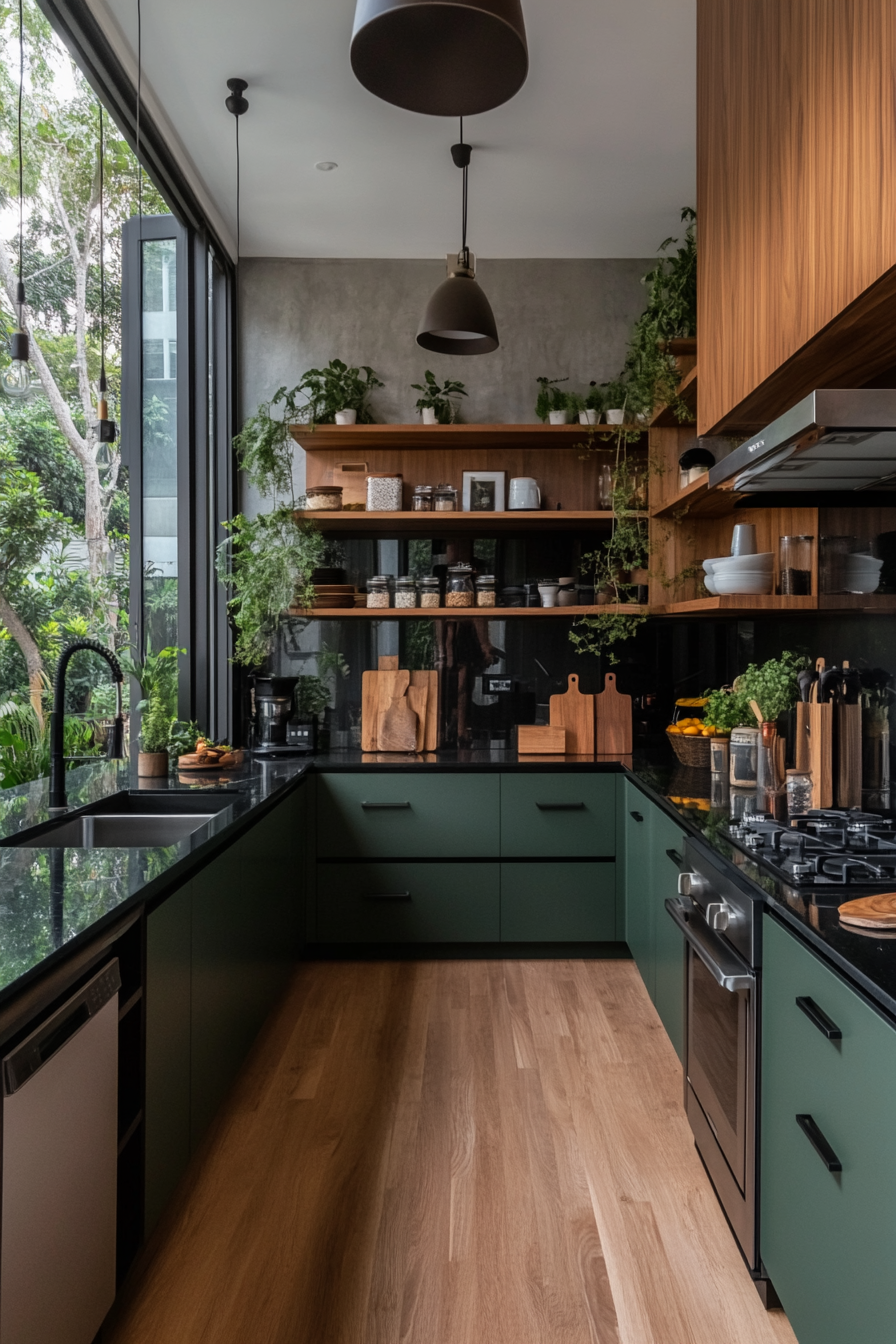 Green cabinets paired with black countertops