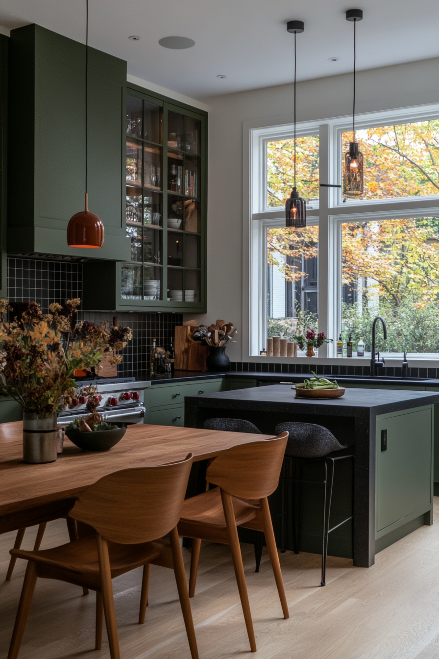 Green cabinets paired with black countertops