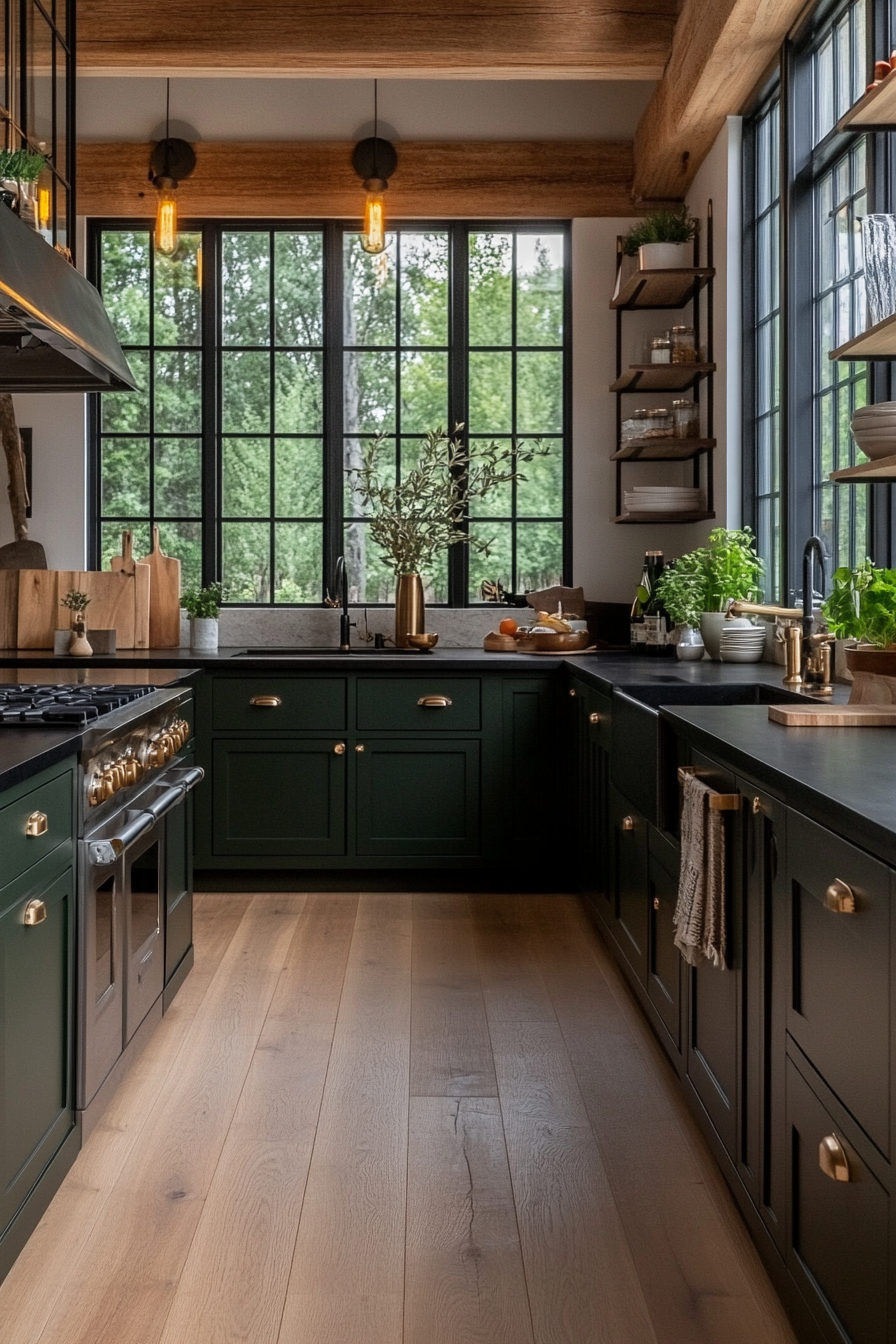 Green cabinets paired with black countertops