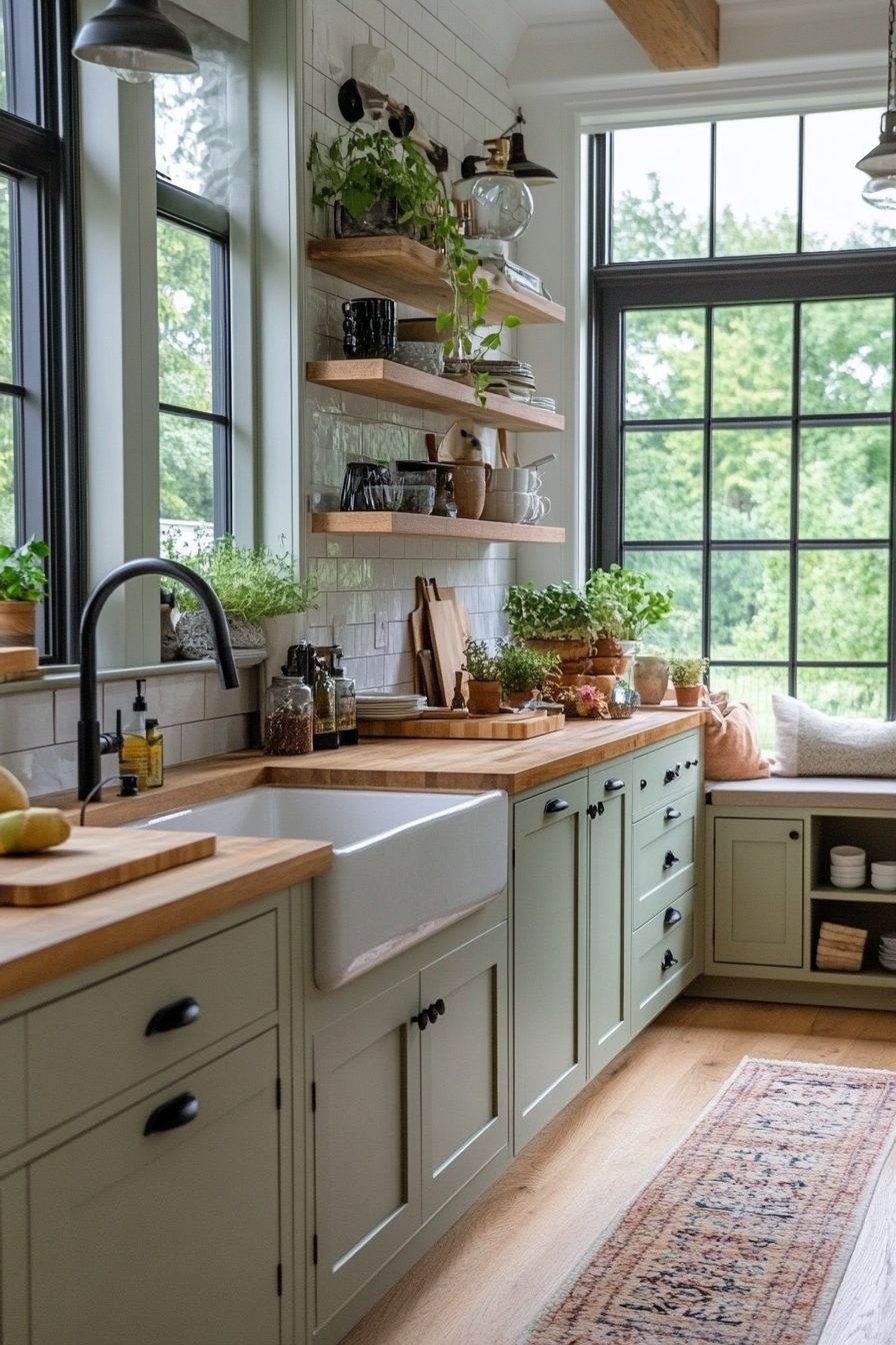 Green cabinets paired with butcher block countertops