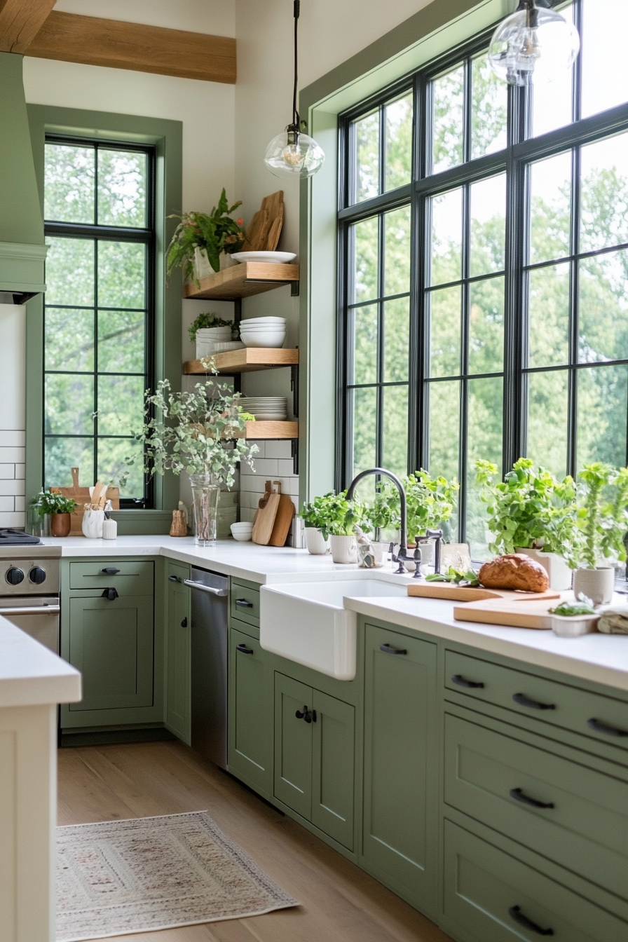 Green cabinets paired with white countertops