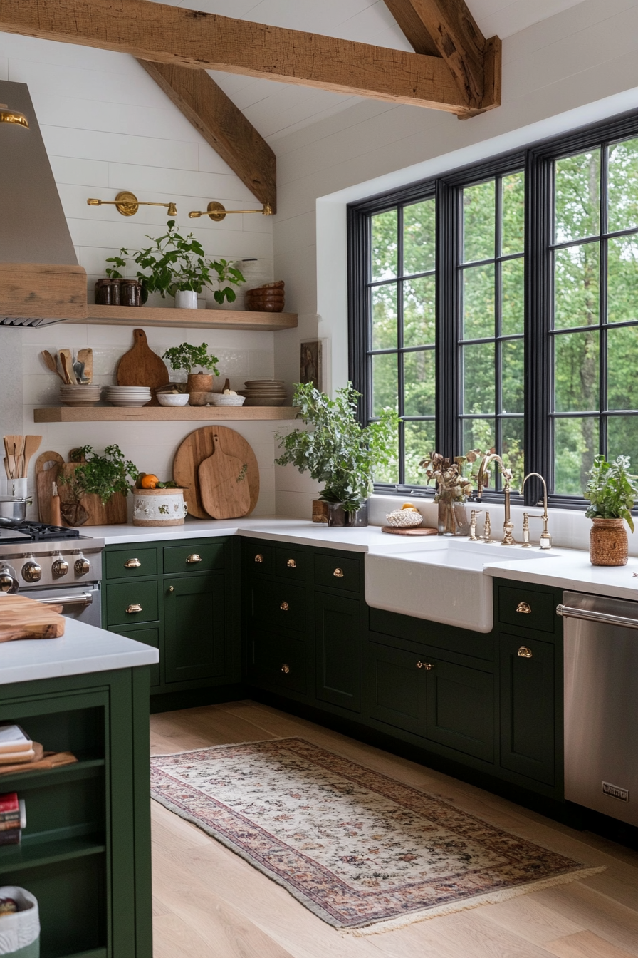 Green cabinets paired with white countertops