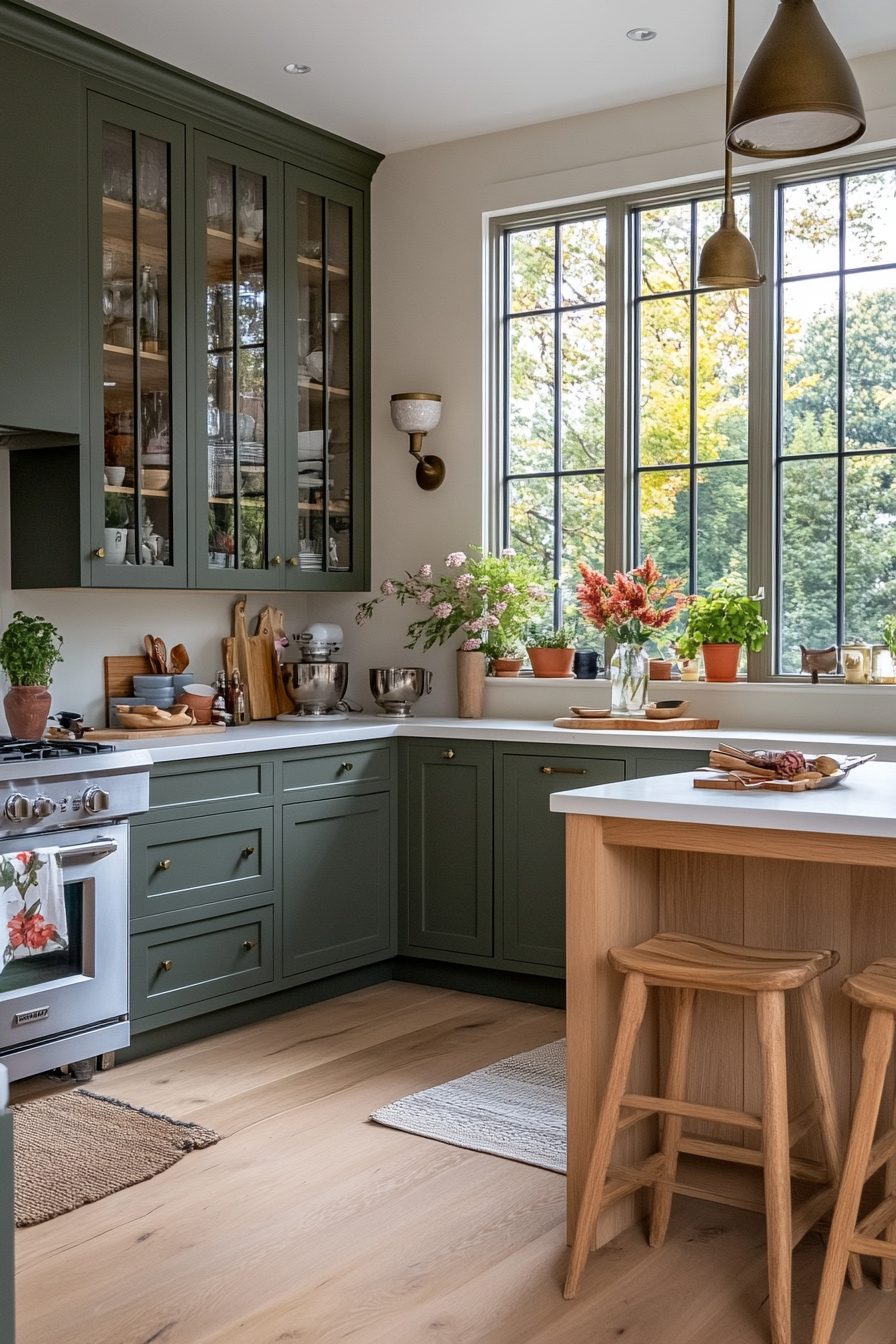 Green cabinets paired with white countertops