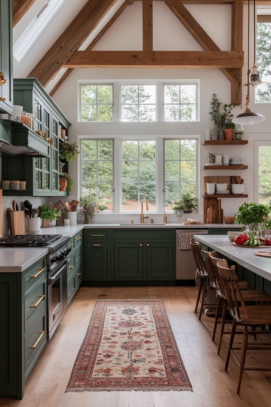 Green farmhouse cupboards