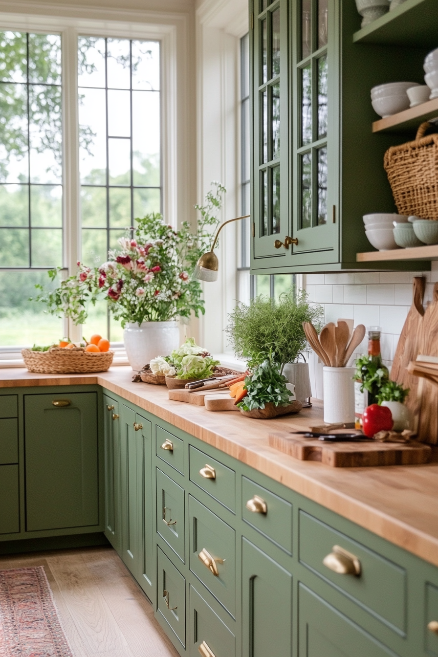 Green farmhouse cupboards