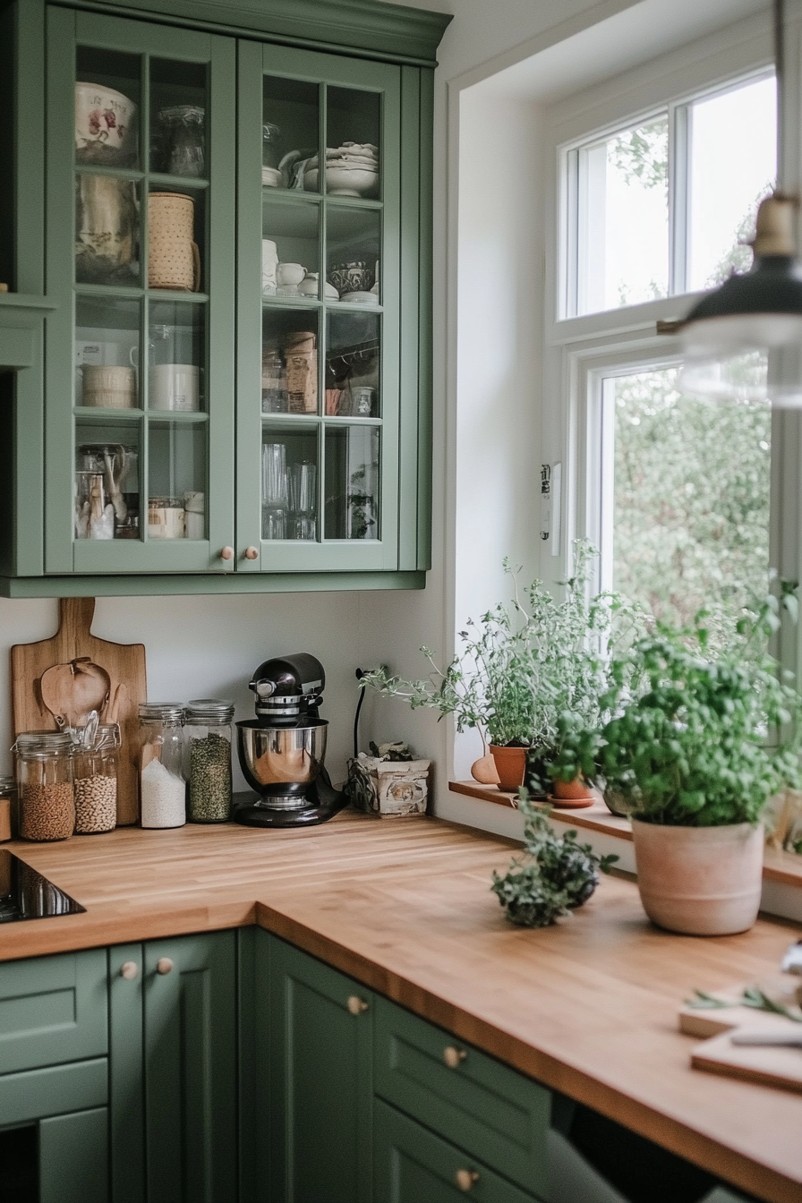 Green farmhouse cupboards