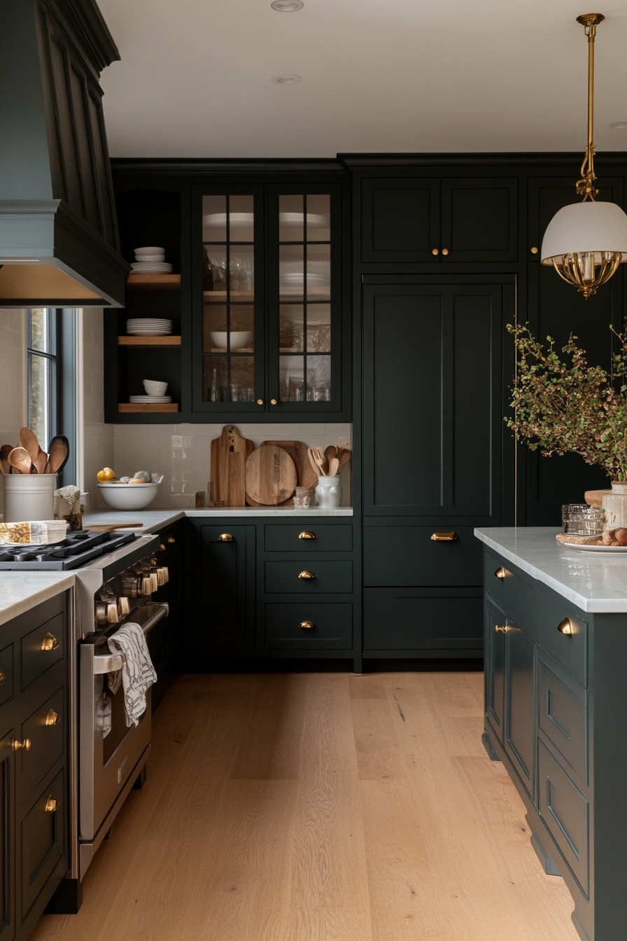 Green cabinets paired with brass hardware