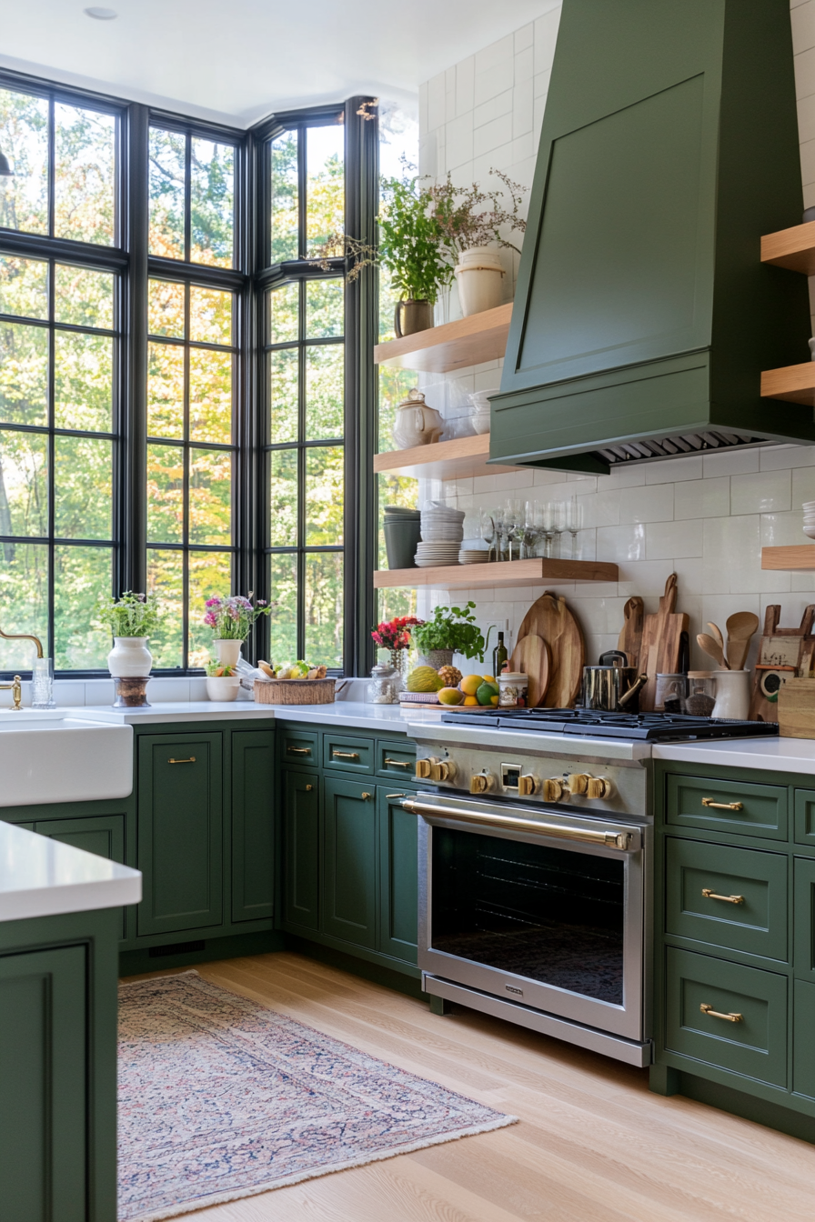 Green cabinets paired with brass hardware