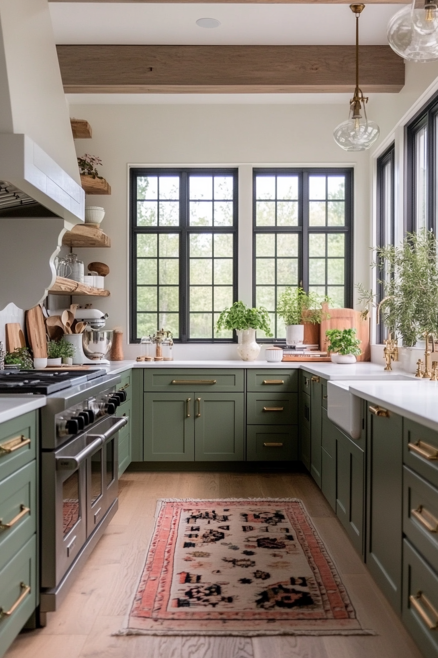 Green cabinets paired with brass hardware