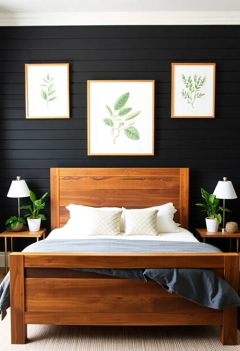 Experience the rustic charm with a black beadboard accent wall in your bedroom! - Incorporate nature-inspired decor