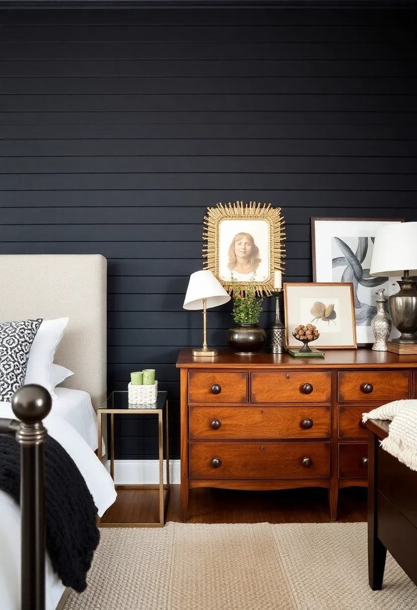 Experience the rustic charm with a black beadboard accent wall in your bedroom! - Mix modern and rustic elements