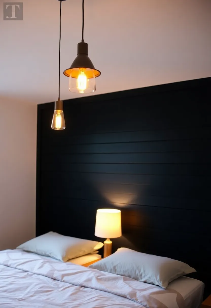 Experience the rustic charm with a black beadboard accent wall in your bedroom! - Create a focal point with lighting