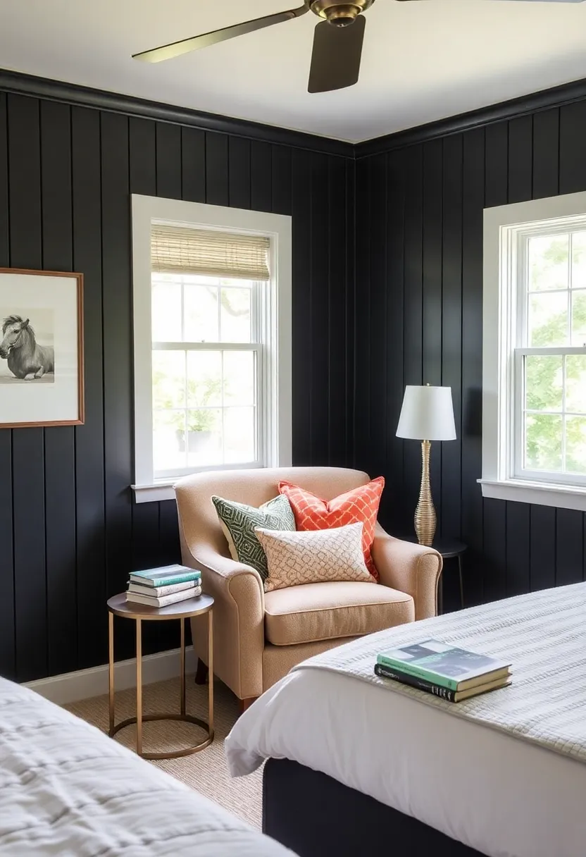 Experience the rustic charm with a black beadboard accent wall in your bedroom! - Create a cozy reading corner