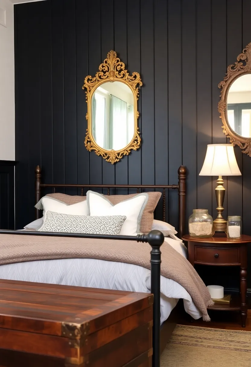 Experience the rustic charm with a black beadboard accent wall in your bedroom! - Incorporate vintage finds