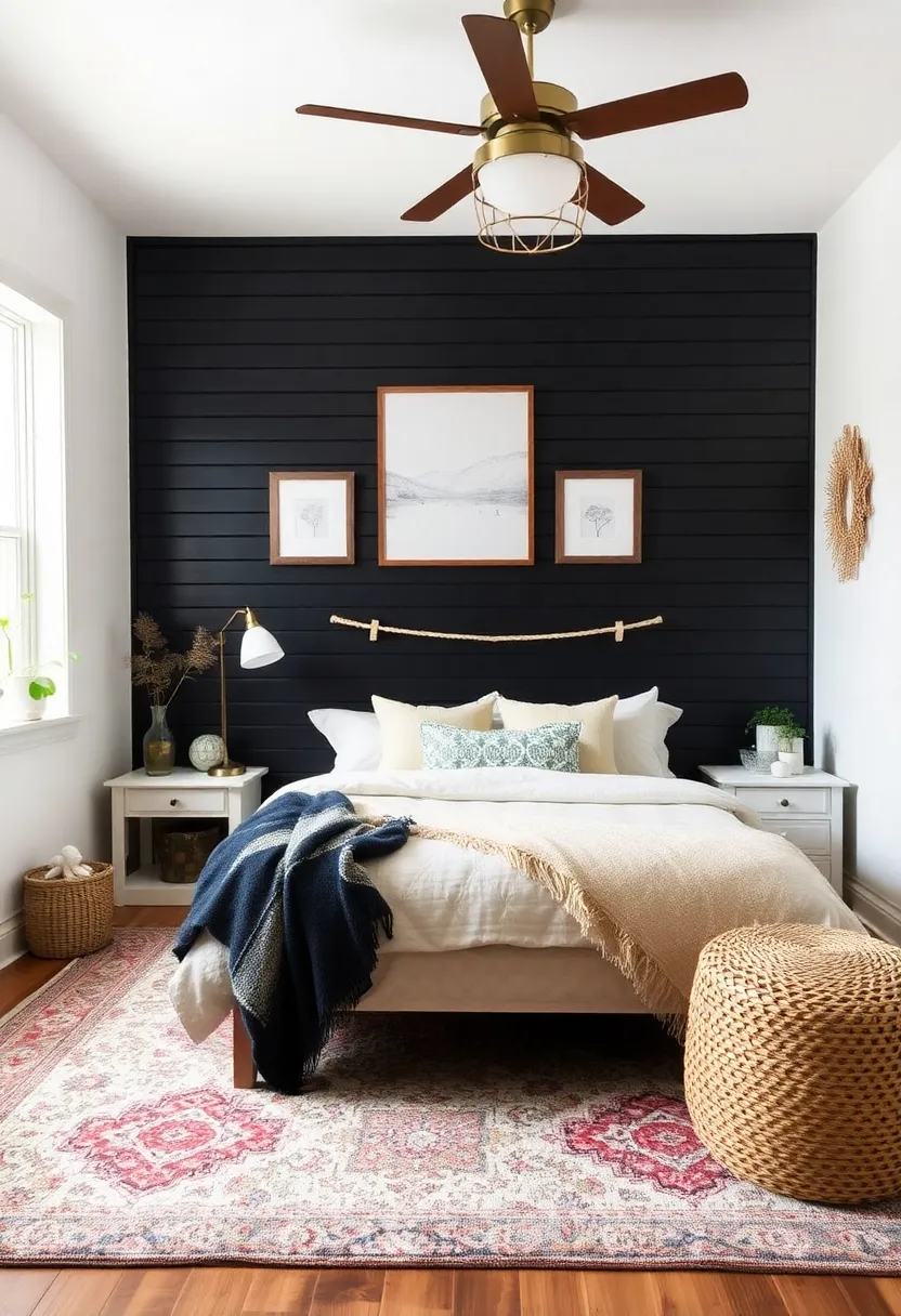 Experience the rustic charm with a black beadboard accent wall in your bedroom! - Use rugs to define spaces