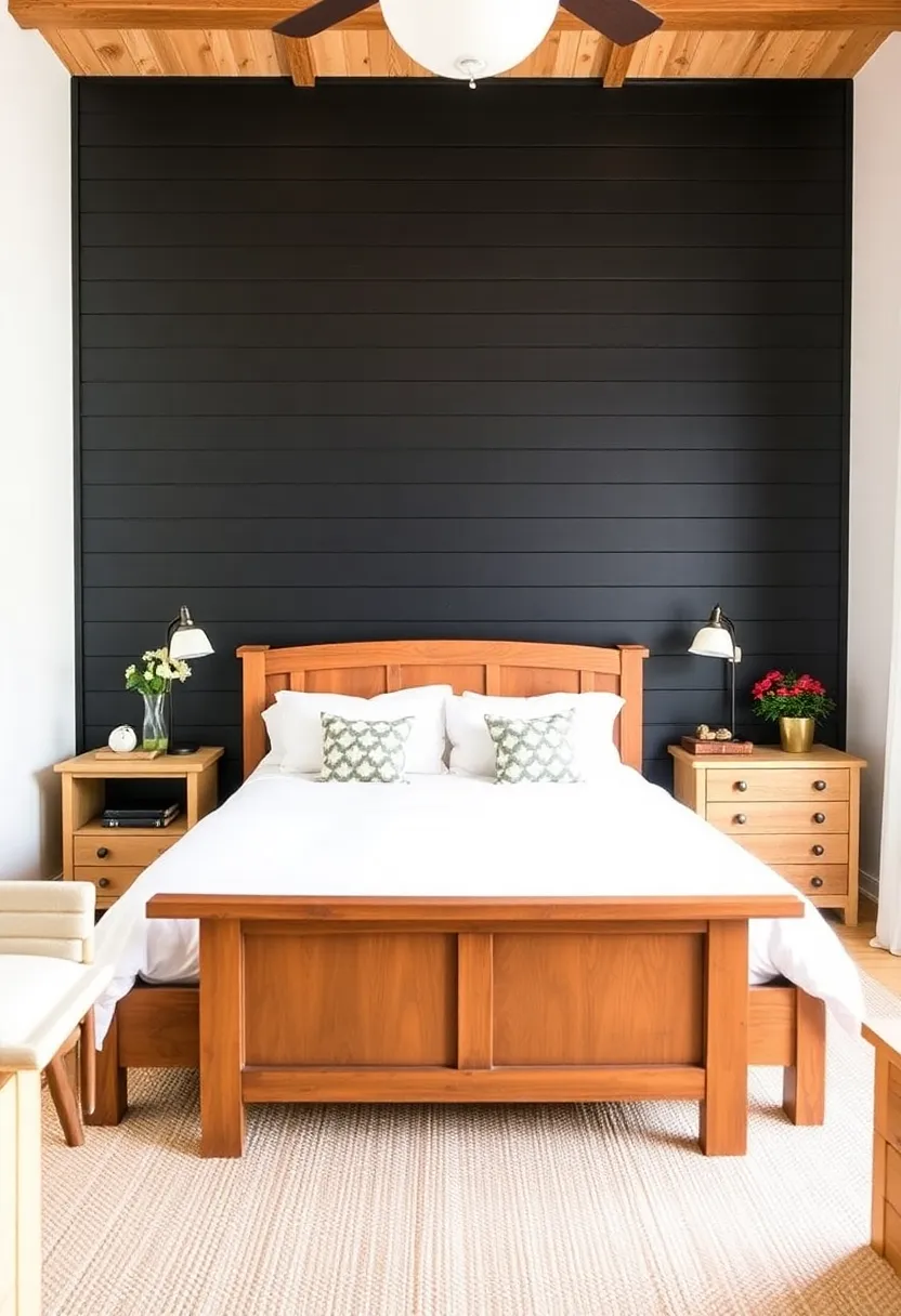 Experience the rustic charm with a black beadboard accent wall in your bedroom! - Create a balanced layout