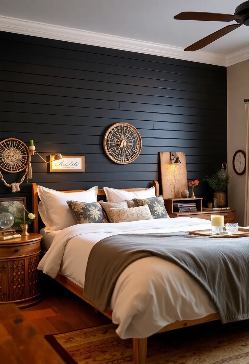 Experience the rustic charm with a black beadboard accent wall in your bedroom! - Diploma