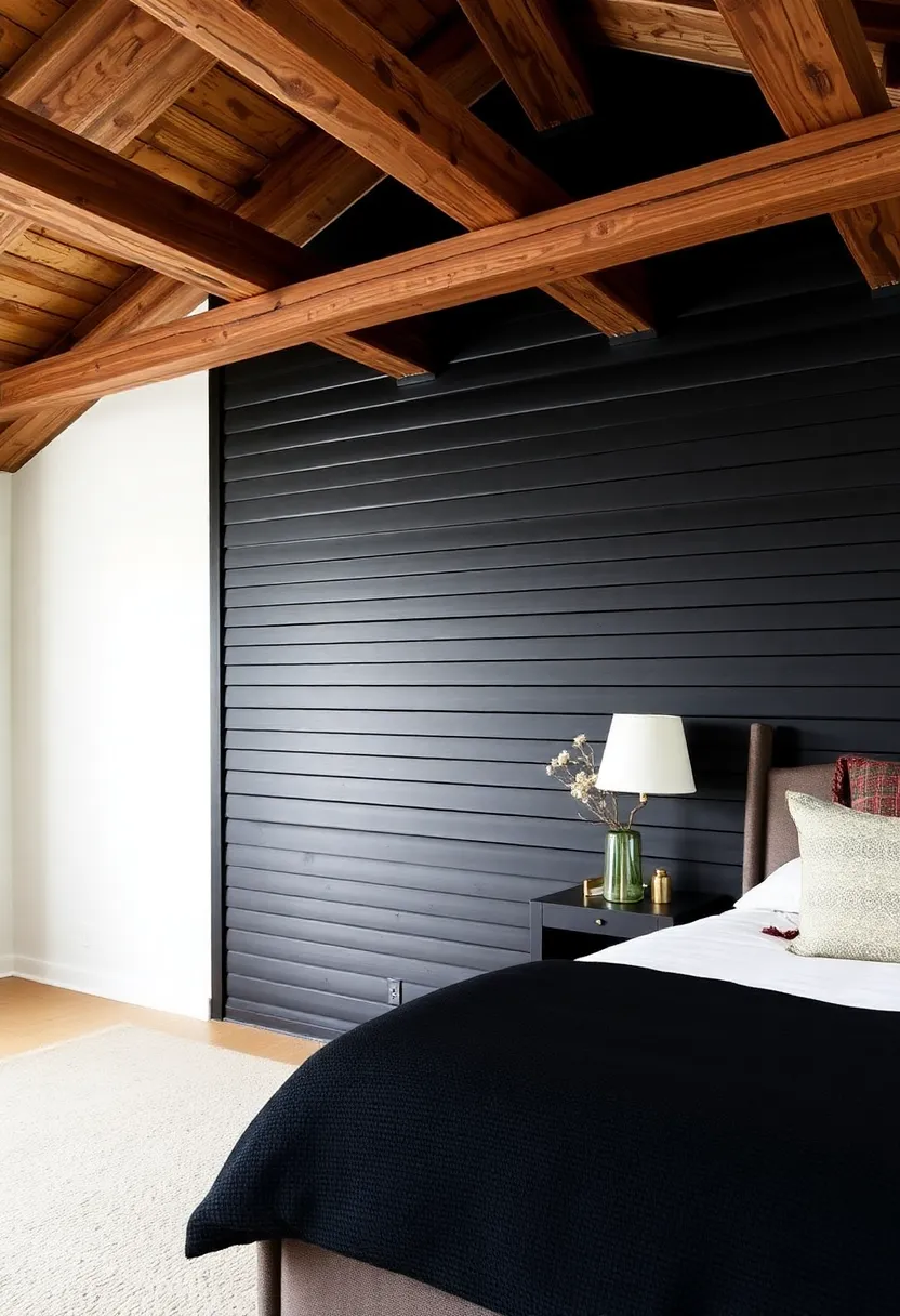 Experience the rustic charm with a black beadboard accent wall in your bedroom! - Increase with ceiling design