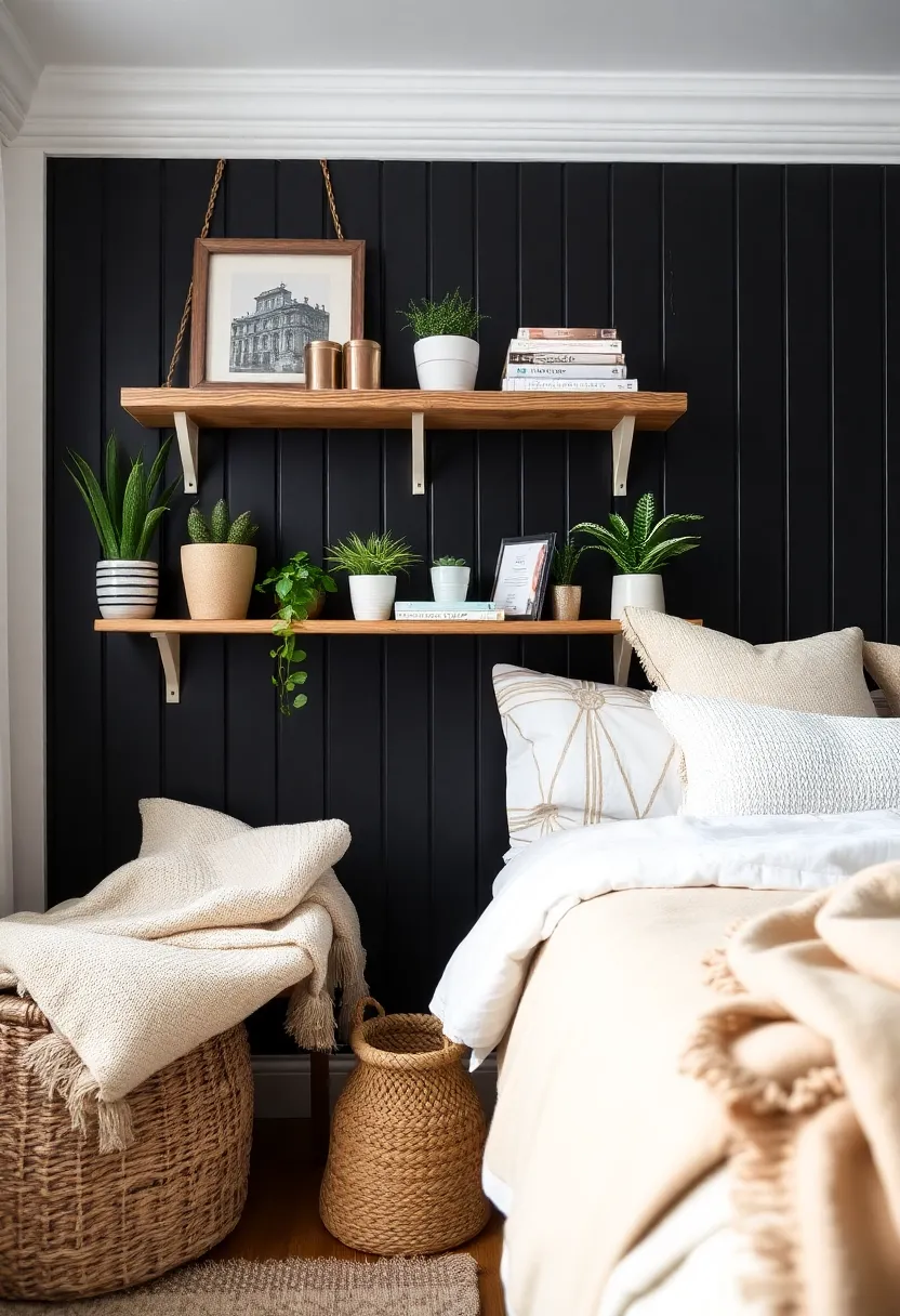 Transform Your Bedroom with the Timeless Rustic Charm of a Black Bead Board Accent Wall!