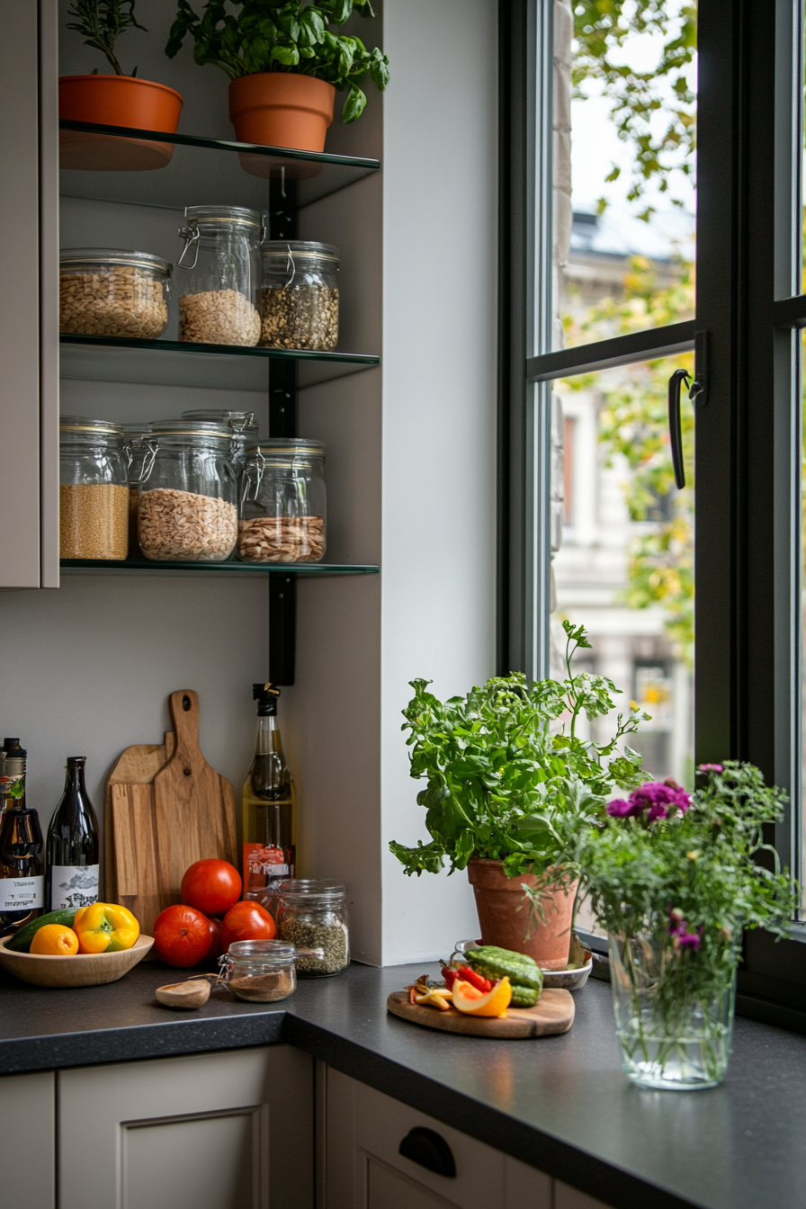 Glass shelves in the kitchen