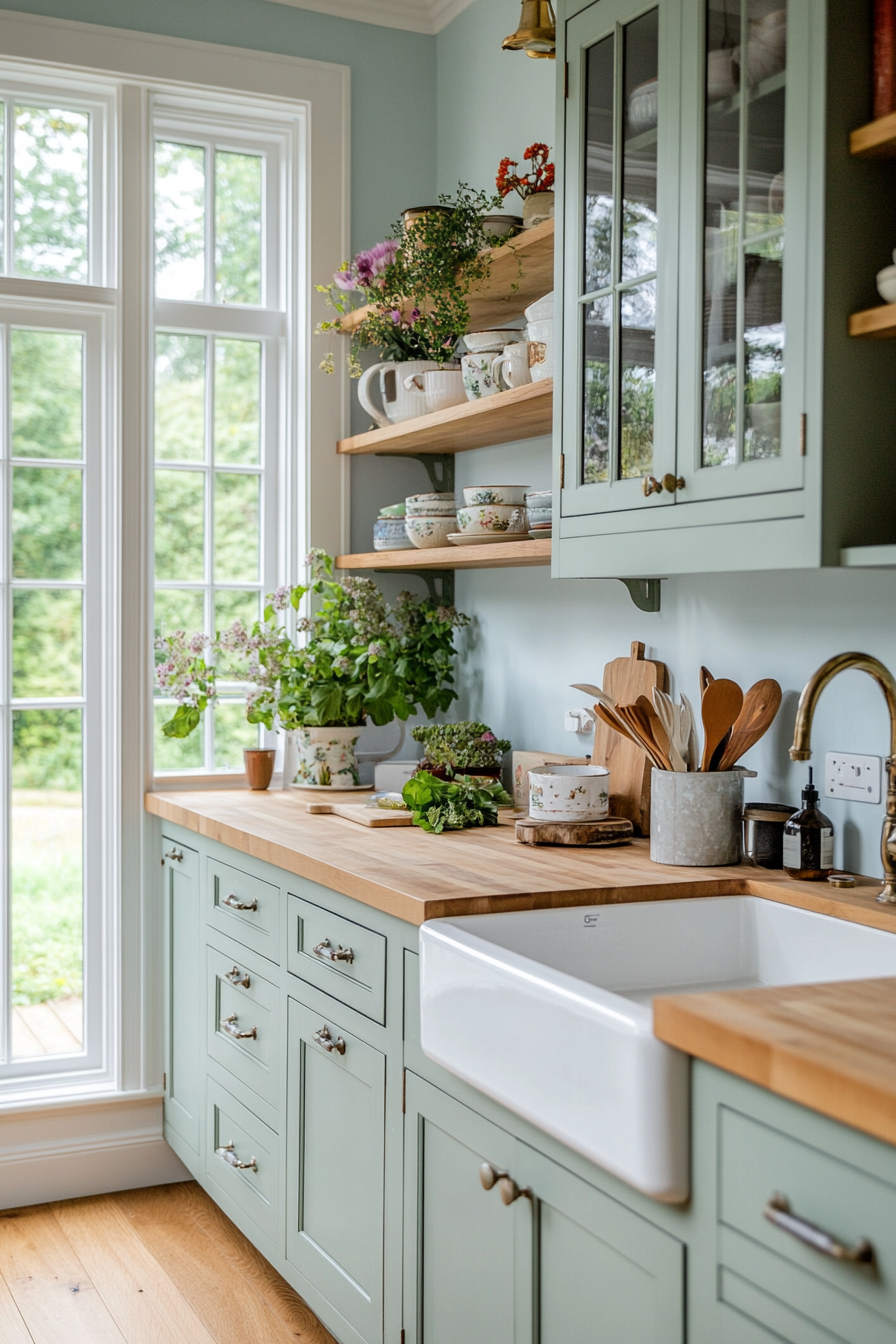 Open shelves with natural wood