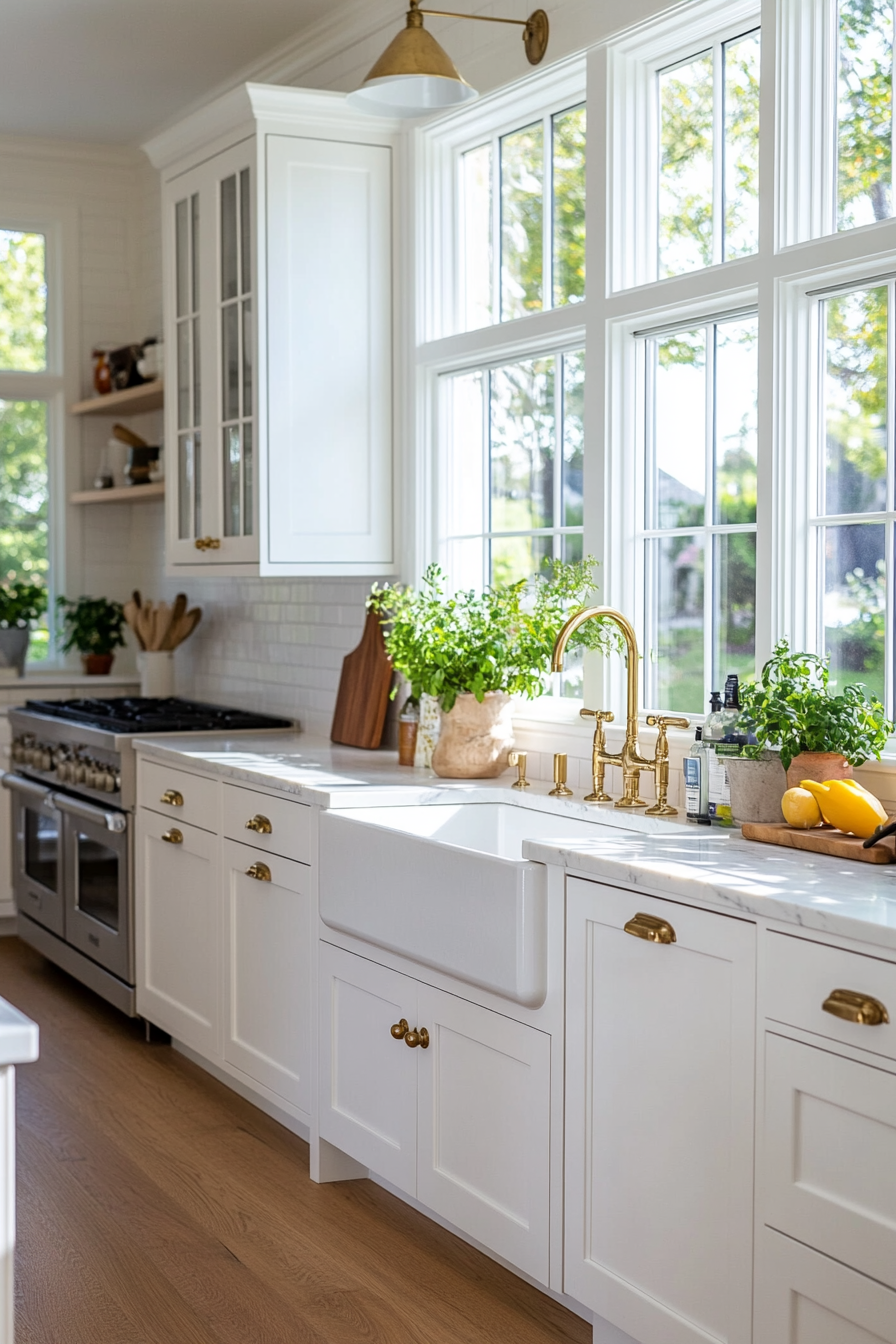 Classic white kitchen cabinets with brass hardware