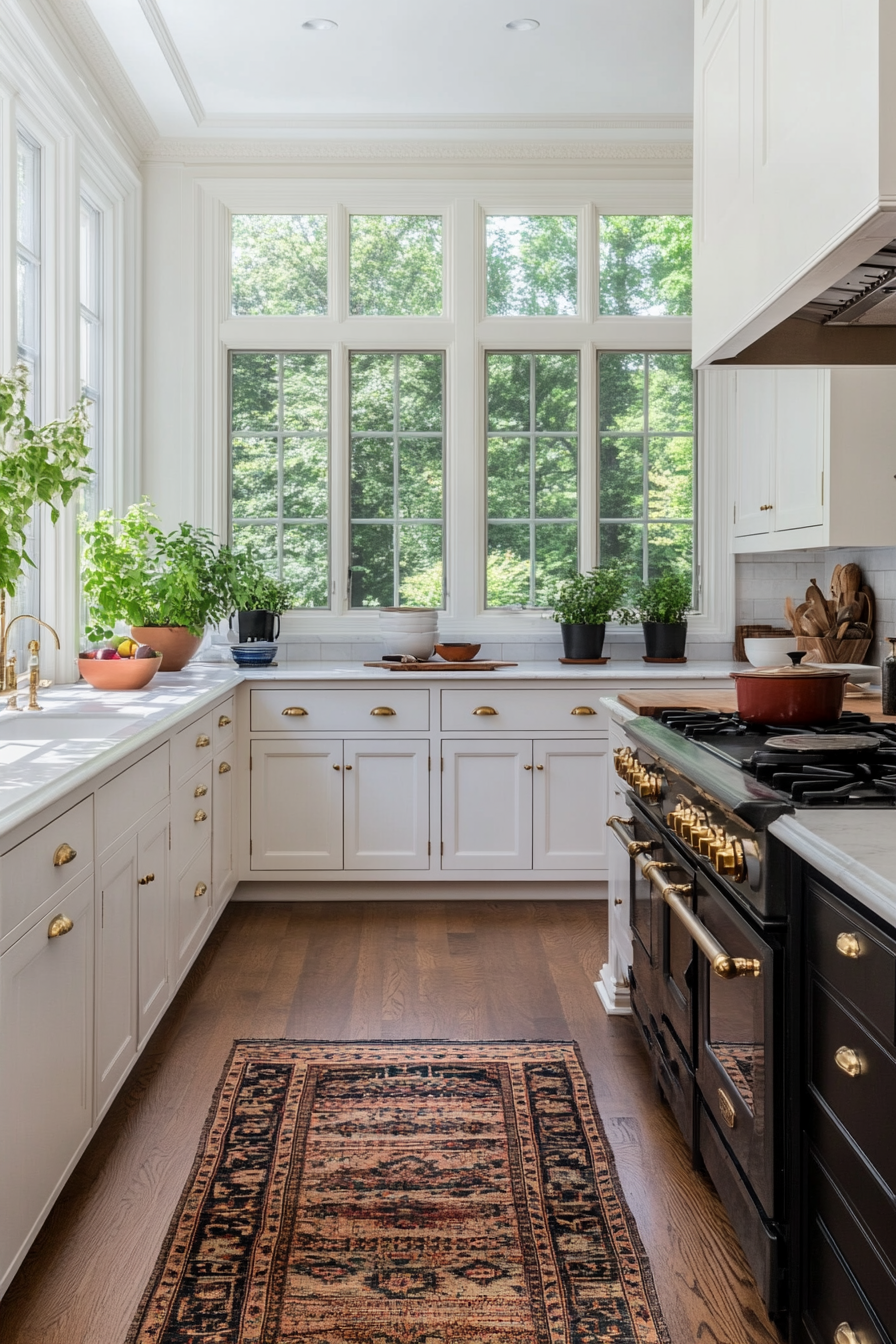 Brass fittings on white kitchen cabinets