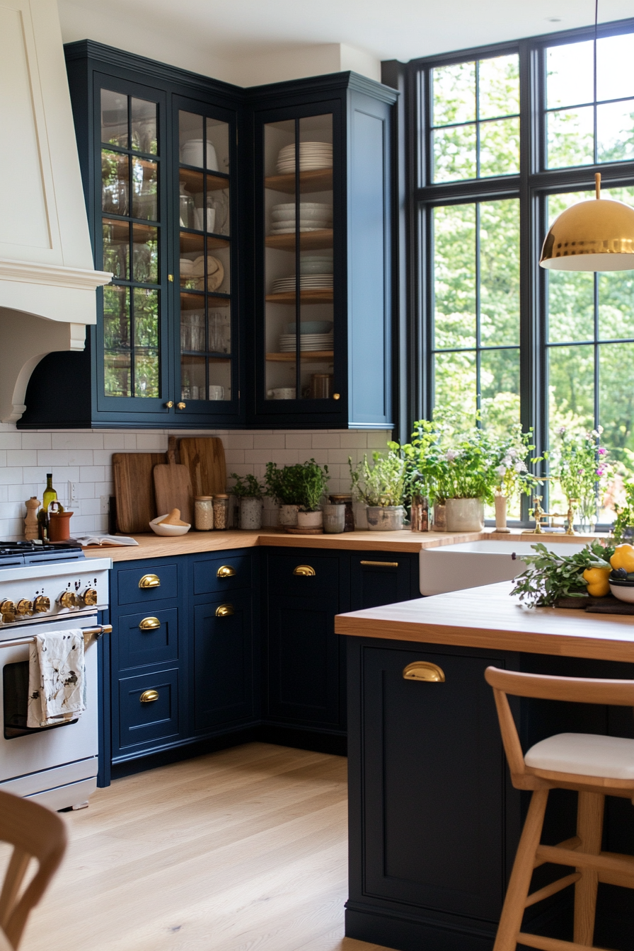 Mix of open shelves and tall cabinets