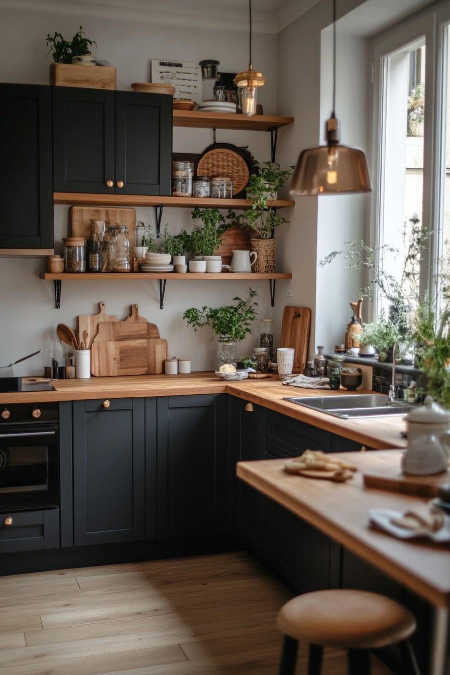 Two-tone gray and wood kitchen cabinets