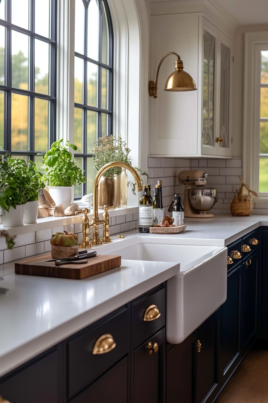 Two-tone navy and white kitchen cabinets