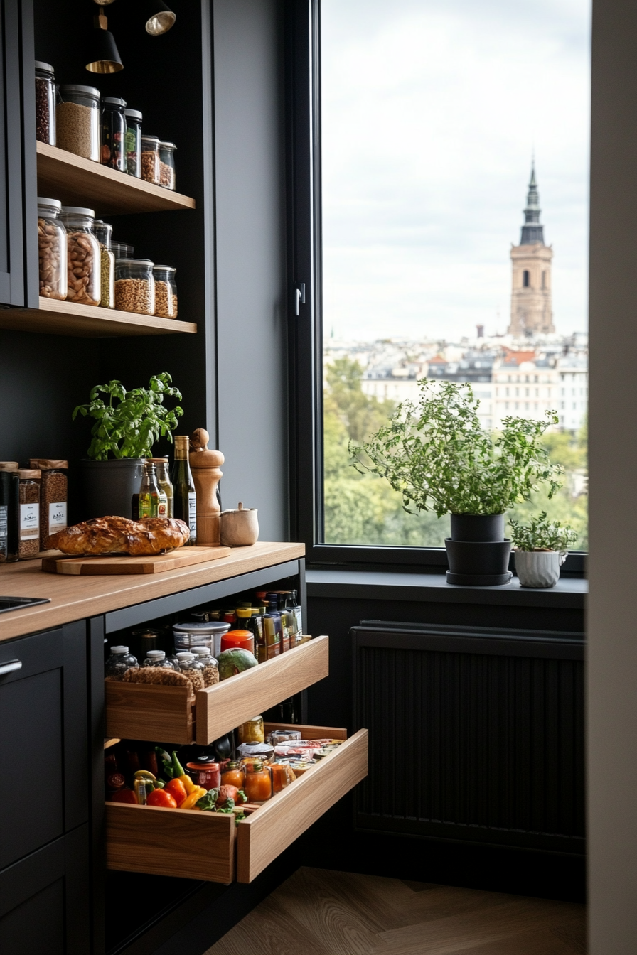 Space-saving pull-out shelves in a small kitchen