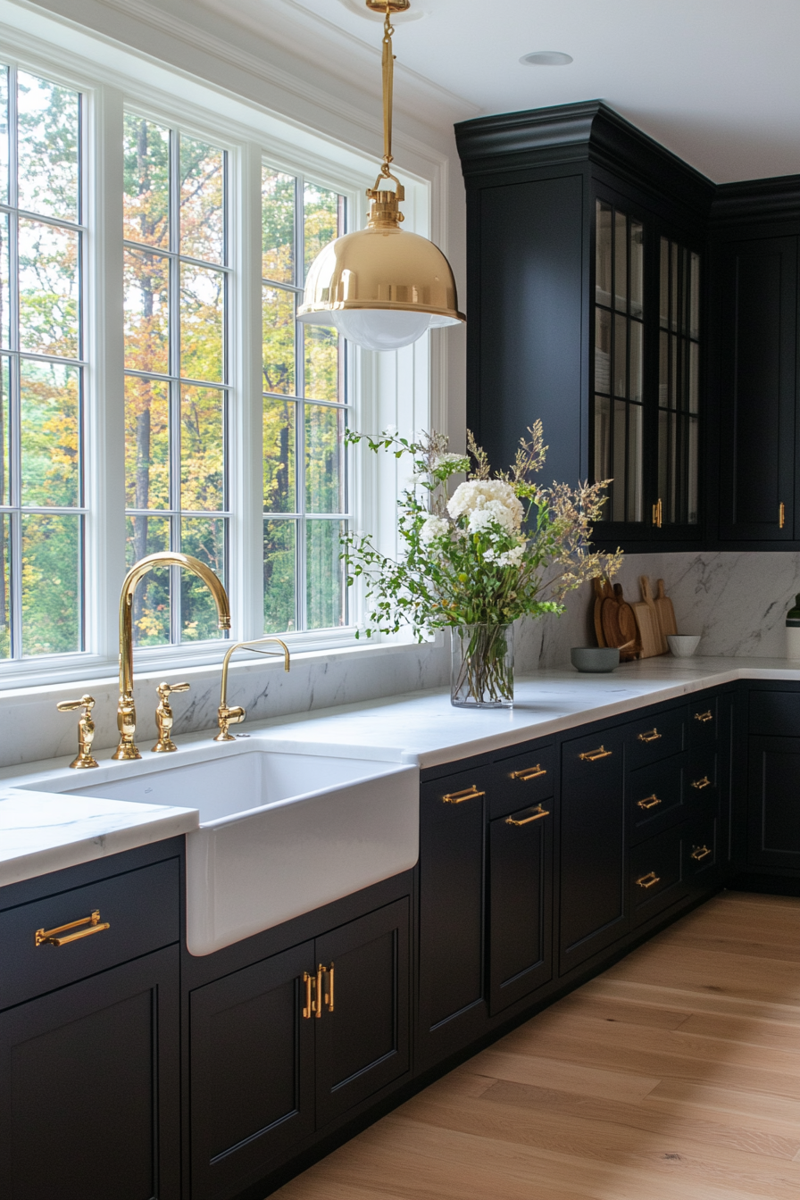 Black kitchen cabinets with gold hardware