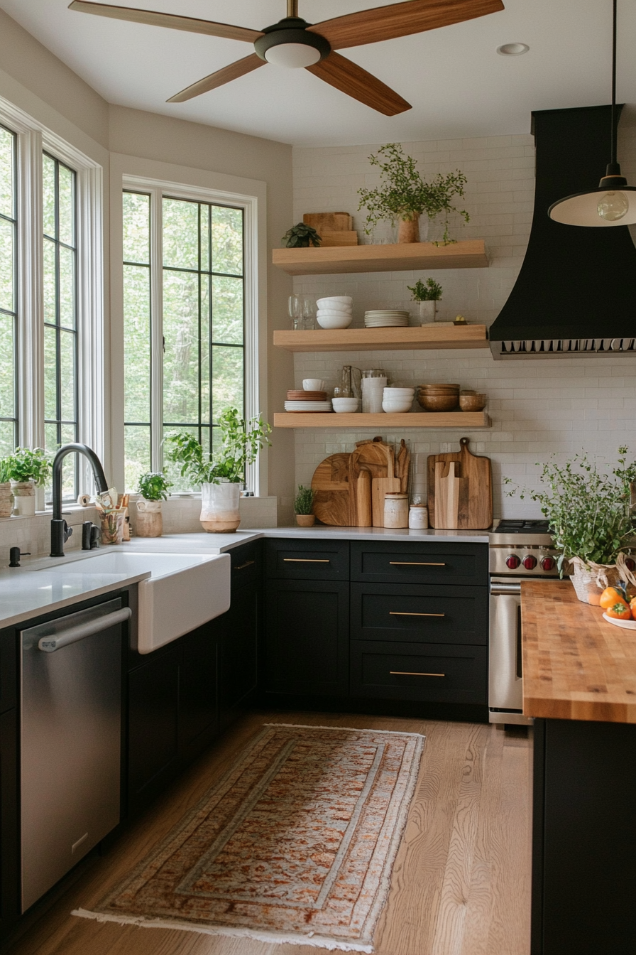 Matte black cabinets with stainless steel appliances