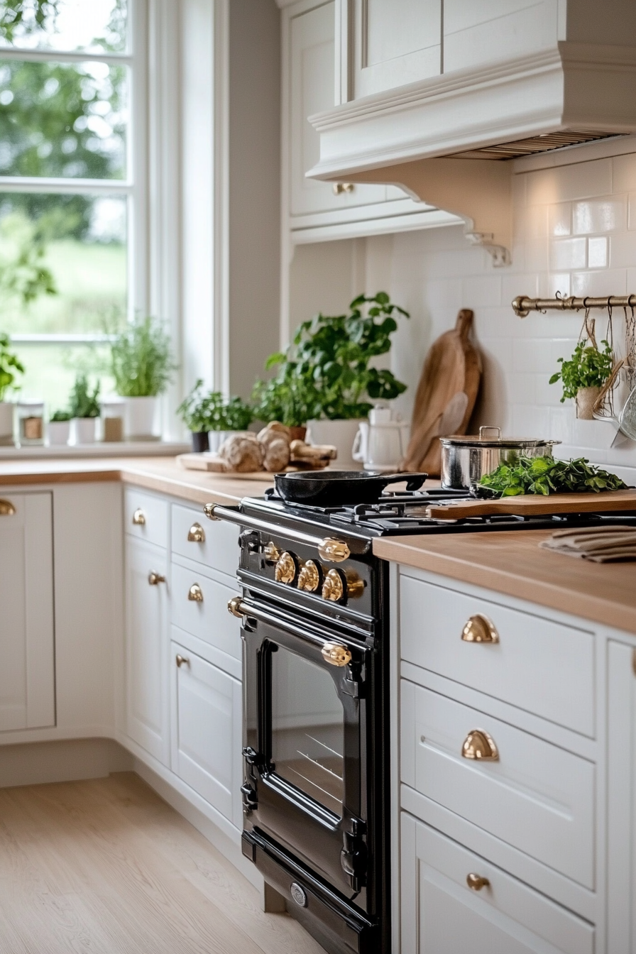 Rustic white cabinets with vintage hardware