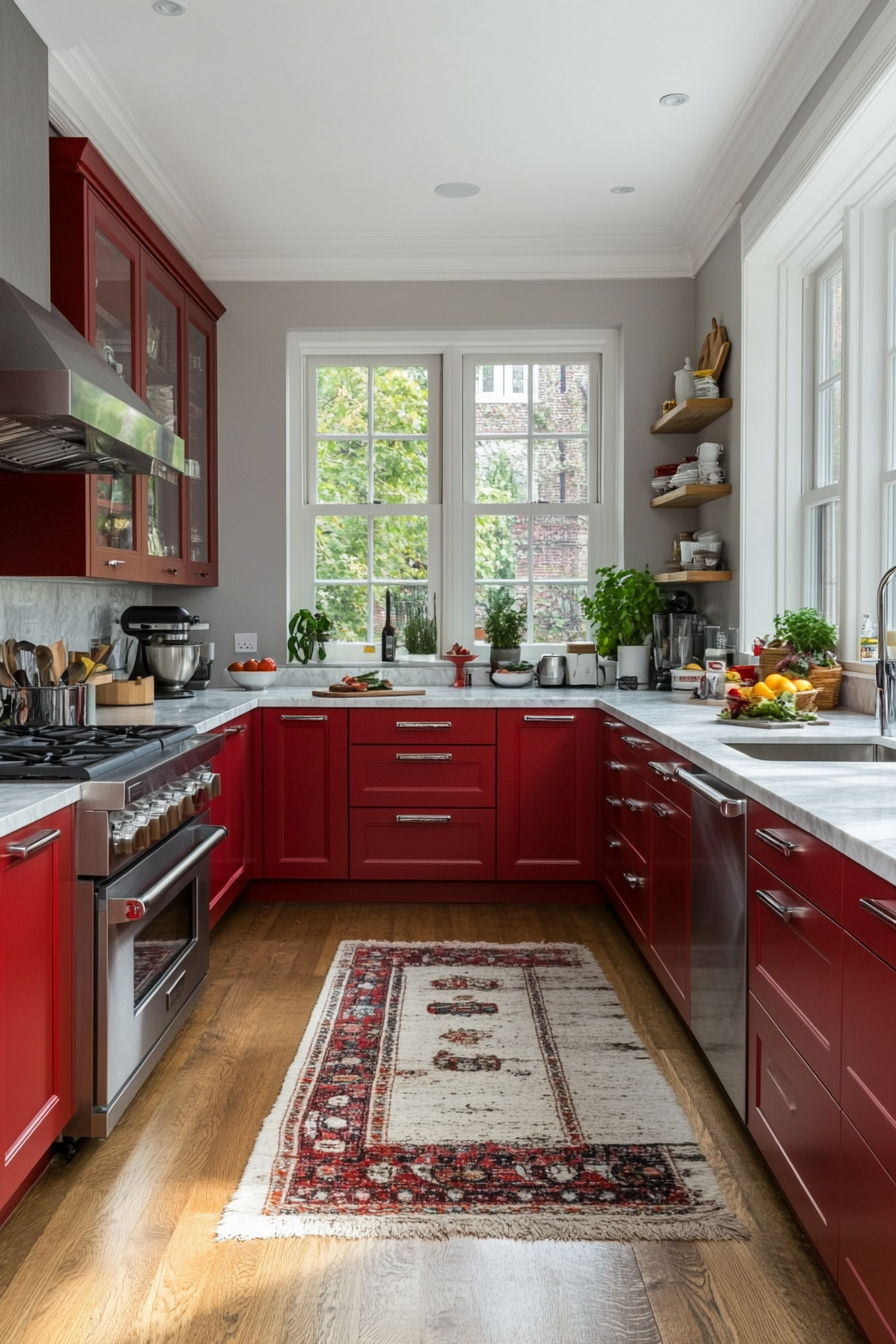 Red glossy cabinets in a modern kitchen