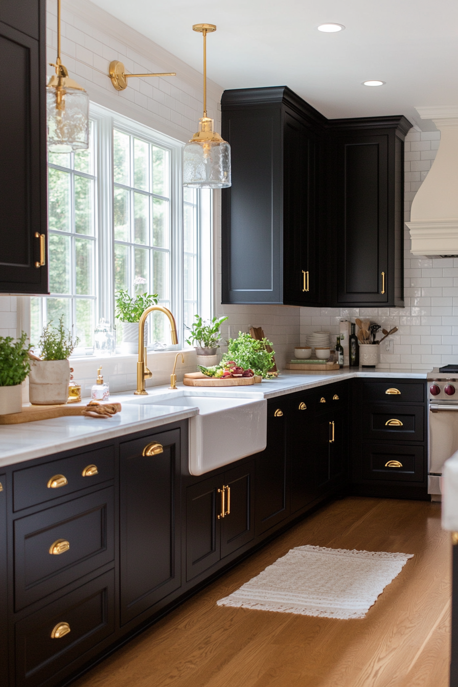 High gloss black cabinets with gold hardware