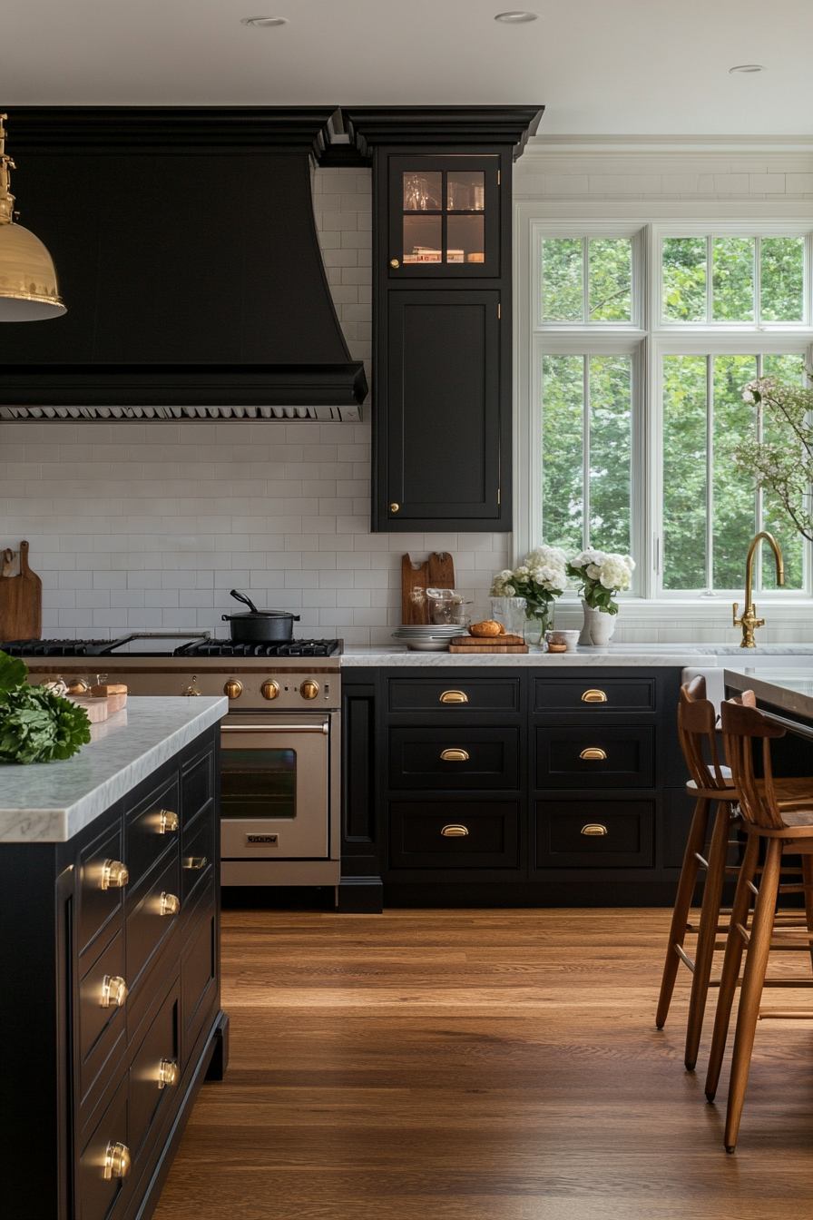 Glossy black cabinets with brass handles