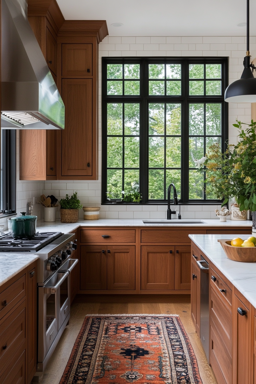 Warm wood kitchen cabinets with stainless steel appliances