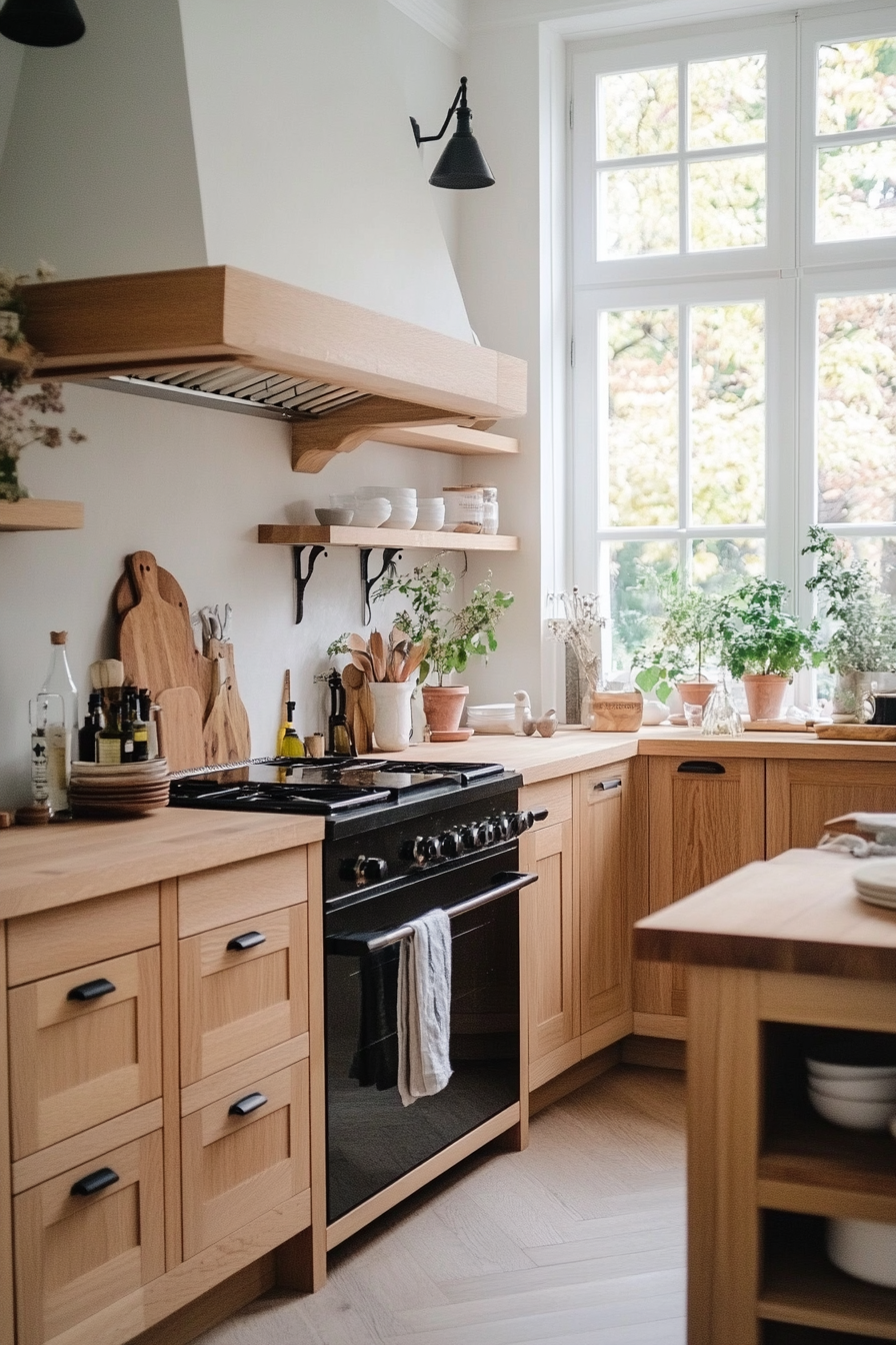 Light wood cabinets with black hardware